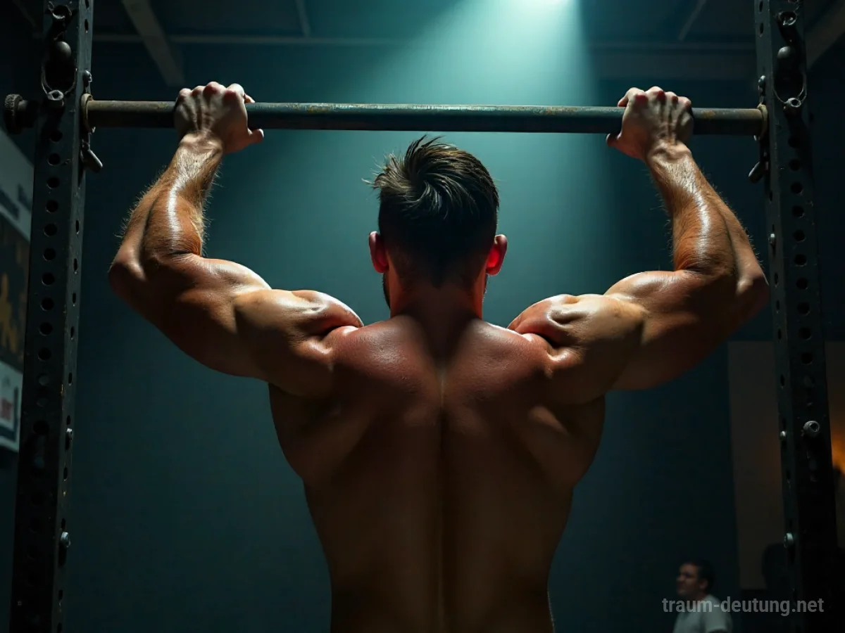 Traumsymbol Fitness: Eine Person absolviert konzentriert einen Klimmzug an einer verwitterten Stange in einem atmosphärischen, schwach beleuchteten Fitnessstudio.