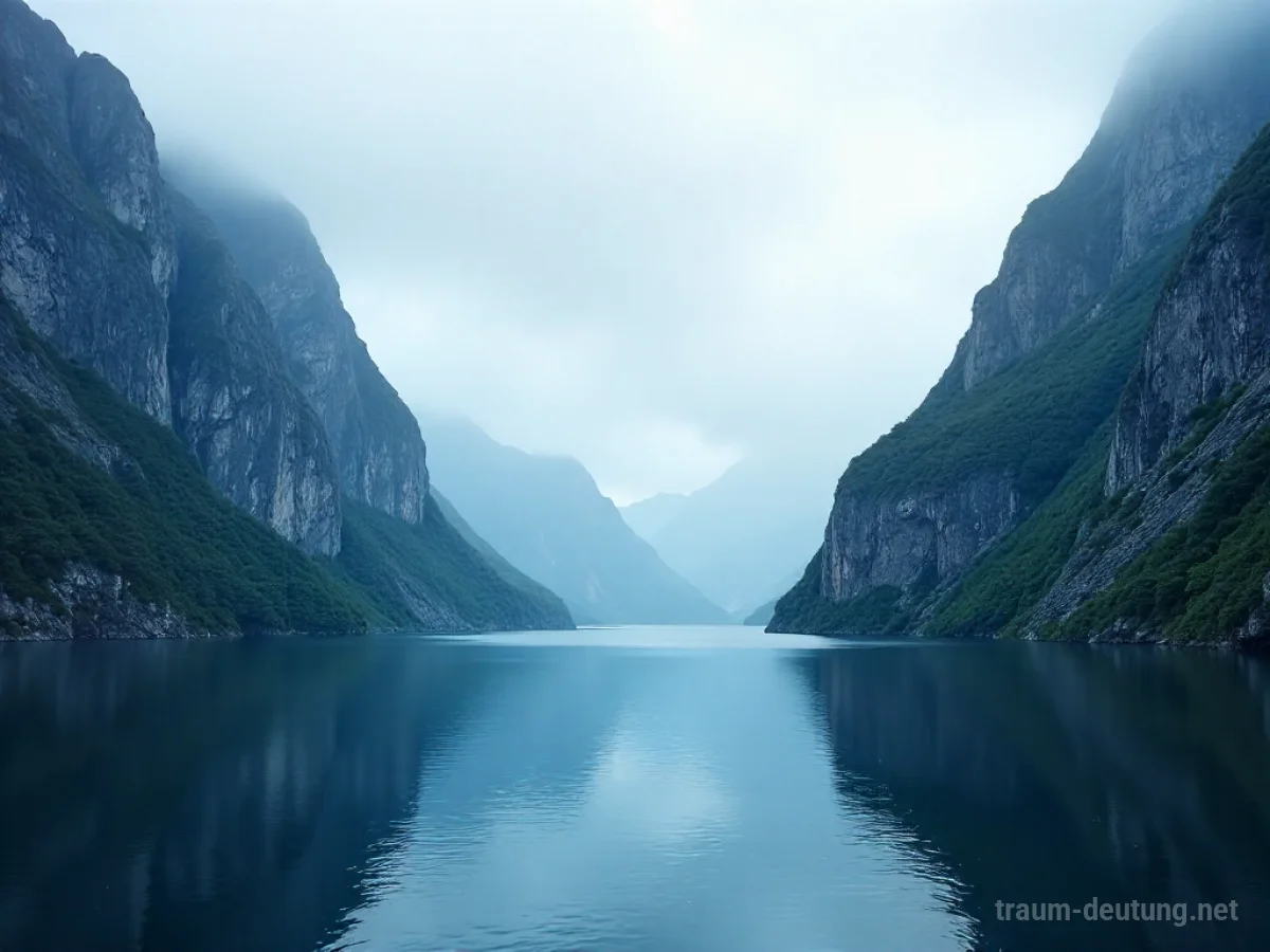 Traumsymbol Fjorde: Majestätische, enge Fjorde mit steil aufragenden Felswänden, dunklem Wasser und leichtem Nebel.