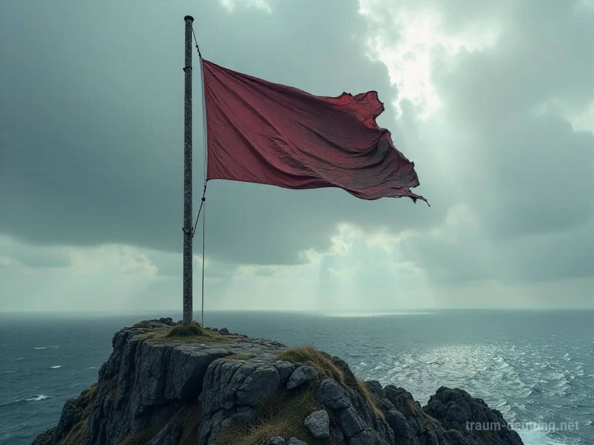 Traumsymbol Flagge: Eine verwitterte, zerfetzte Nationalflagge weht von einem hohen, steinernen Fahnenmast auf einer einsamen Klippe über einem stürmischen Meer, beleuchtet von einem einzelnen Sonnenstrahl.