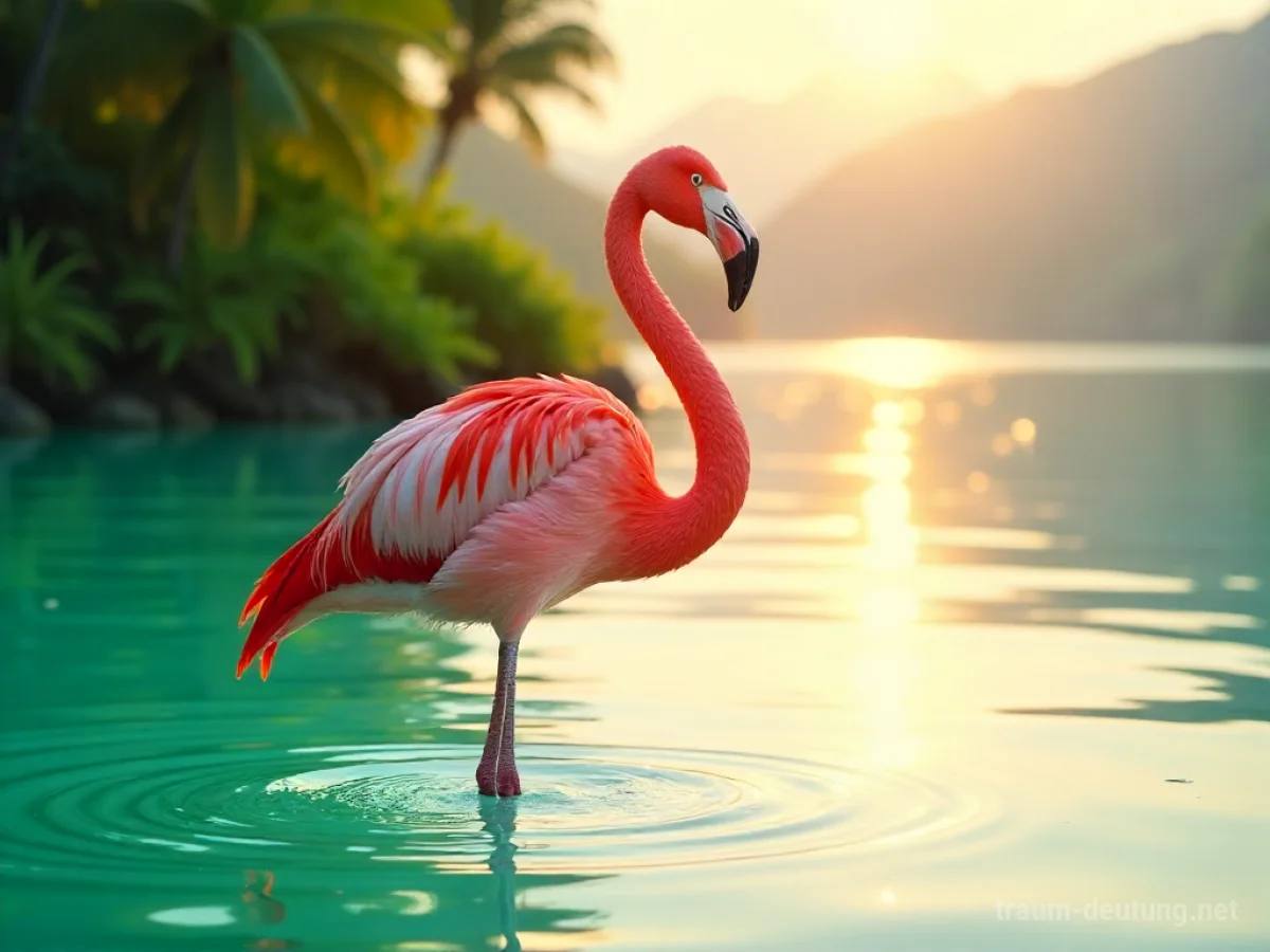 Traumsymbol Flamingo: Ein majestätischer Flamingo steht in flachem, türkisfarbenem Wasser unter der goldenen Abendsonne.