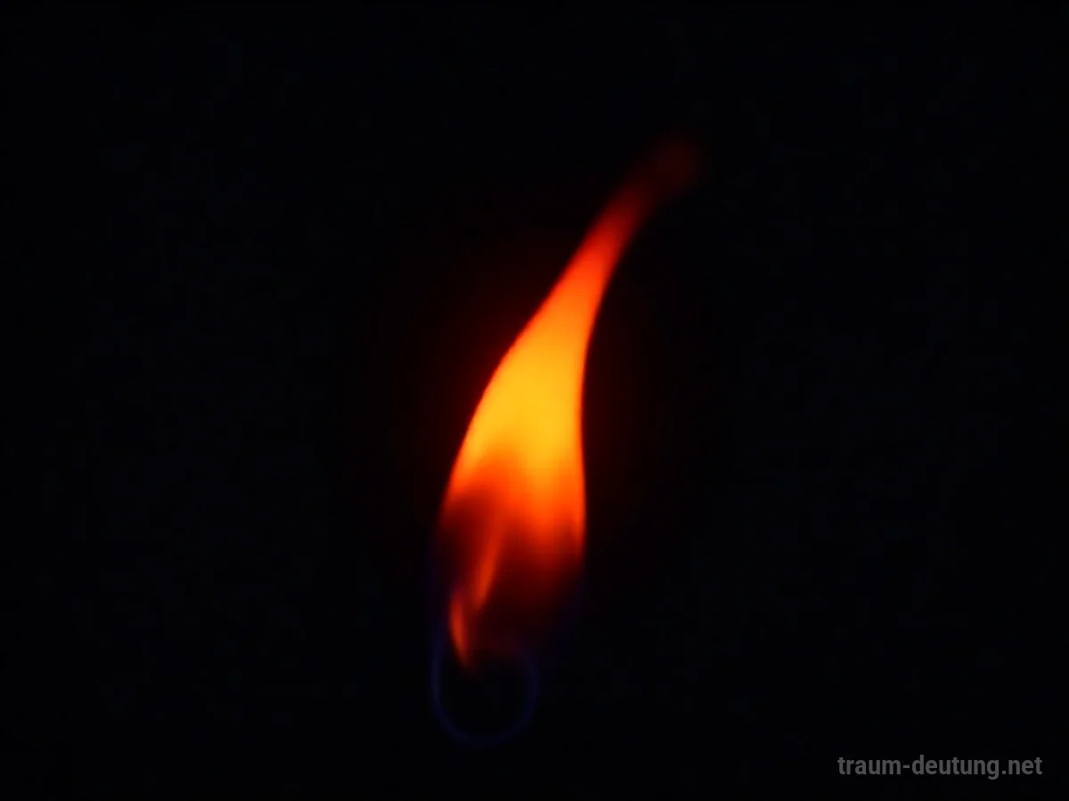 Traumsymbol Flamme: Eine einzelne, leuchtend orange-rote Flamme flackert intensiv vor tiefschwarzem Hintergrund und wirft einen warmen, ätherischen Schein.