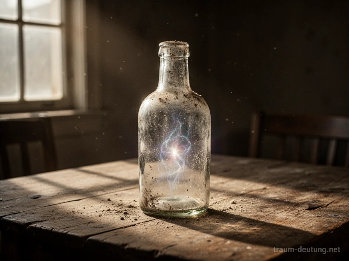 Traumsymbol Flasche: Eine antike Glasflasche mit einem leichten Schimmer im Inneren steht auf einem rustikalen Holztisch im warmen Licht eines Fensters.