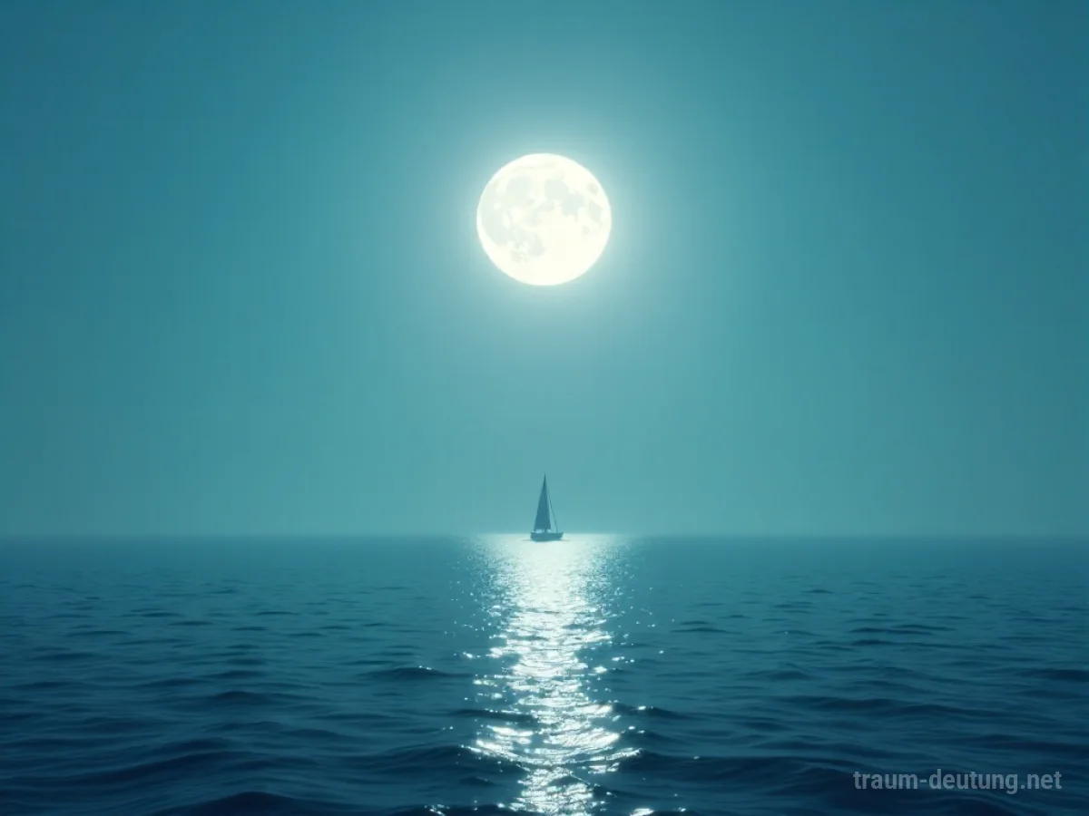 Traumsymbol Flaute: Ein kleines Segelboot treibt bewegungslos auf einem spiegelglatten Meer unter Mondlicht, die Segel schlaff herabhängend.
