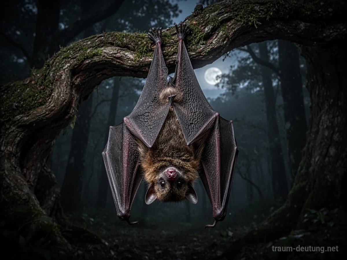 Traumsymbol Fledermaus: Eine große, dunkle Fledermaus hängt kopfüber von einem moosbewachsenen Ast in einem schattigen Wald im Zwielicht, beleuchtet von gefiltertem Mondlicht.