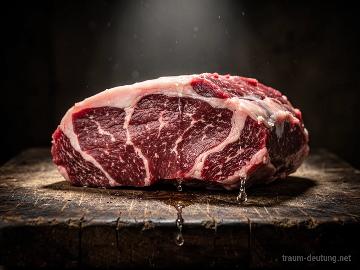 Traumdeutung Fleisch: Ein rohes, marmoriertes Stück Fleisch liegt auf einem dunklen Holzblock, beleuchtet von einem dramatischen Spotlight, das die Textur und die tiefroten Töne hervorhebt.