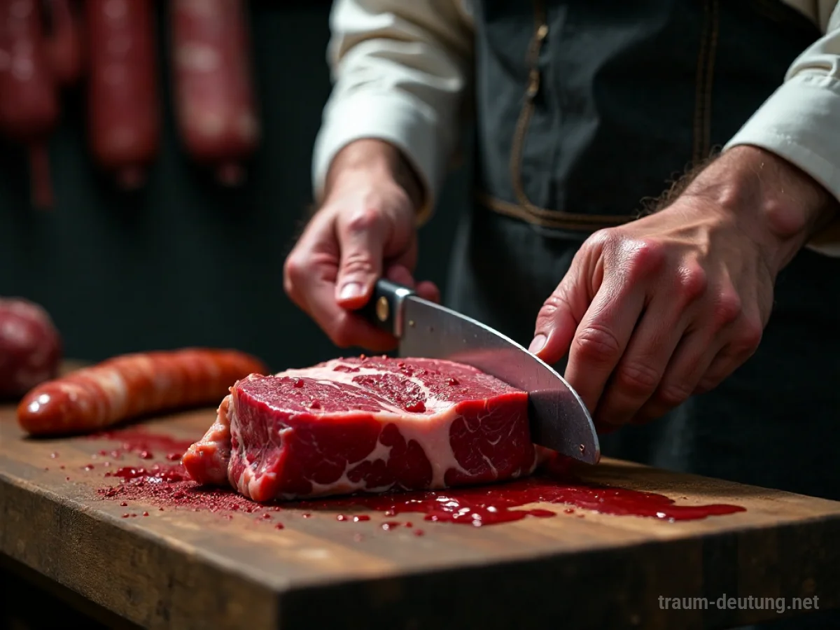 Traumdeutung Fleischer: Hände eines Metzgers zerlegen sorgfältig rohes Fleisch auf einem Holztisch, umgeben von schattigen Fleischwaren.