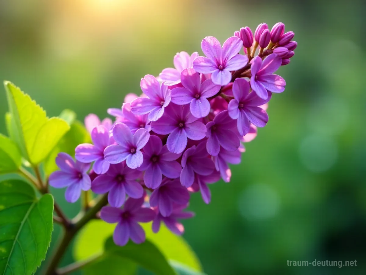 Traumsymbol Flieder: Dichte, duftende violette Fliederblüten mit Tautropfen im sanften Morgenlicht, vor verschwommenem Gartengrün.