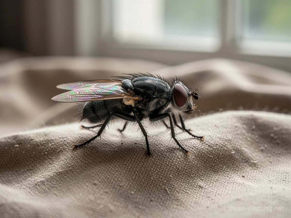 Traumsymbol Fliege: Eine detailreiche Nahaufnahme einer Fliege, die auf beigefarbenem Stoff sitzt, mit subtil schillernden Flügeln im diffusen Licht.