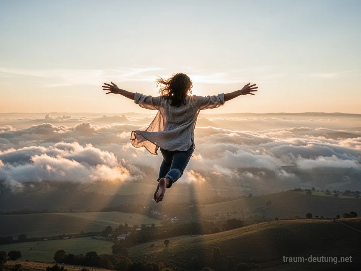 Traumsymbol Fliegen: Eine Person schwebt anmutig über einer weiten Landschaft im goldenen Licht der Morgendämmerung.