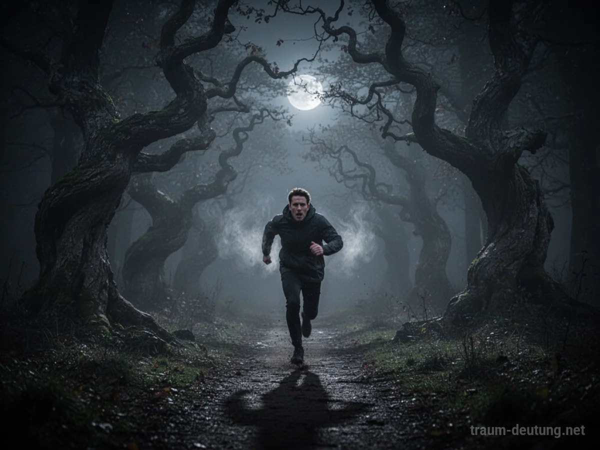 Traumsymbol Fliehen: Eine einsame Gestalt flieht verzweifelt durch einen dunklen, nebelverhangenen Wald im Mondlicht, verfolgt von unsichtbarer Gefahr.