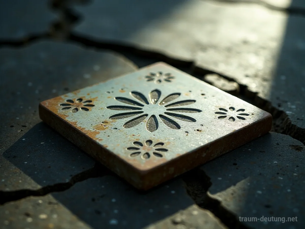 Traumsymbol Fliesen: Eine einzelne, antike Keramikfliese mit verblasstem Blumenmuster liegt auf dunkler, rissiger Erde im sanften Mondlicht.