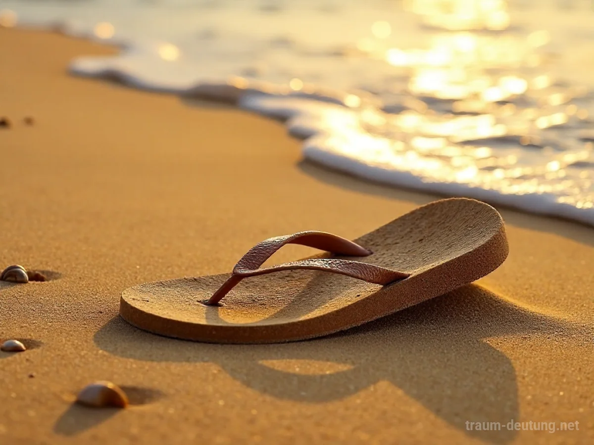 Traumsymbol Flipflop: Ein einzelner, sandiger Flipflop liegt halb im goldenen Strand, mit sanften Wellen und warmem Sonnenlicht.