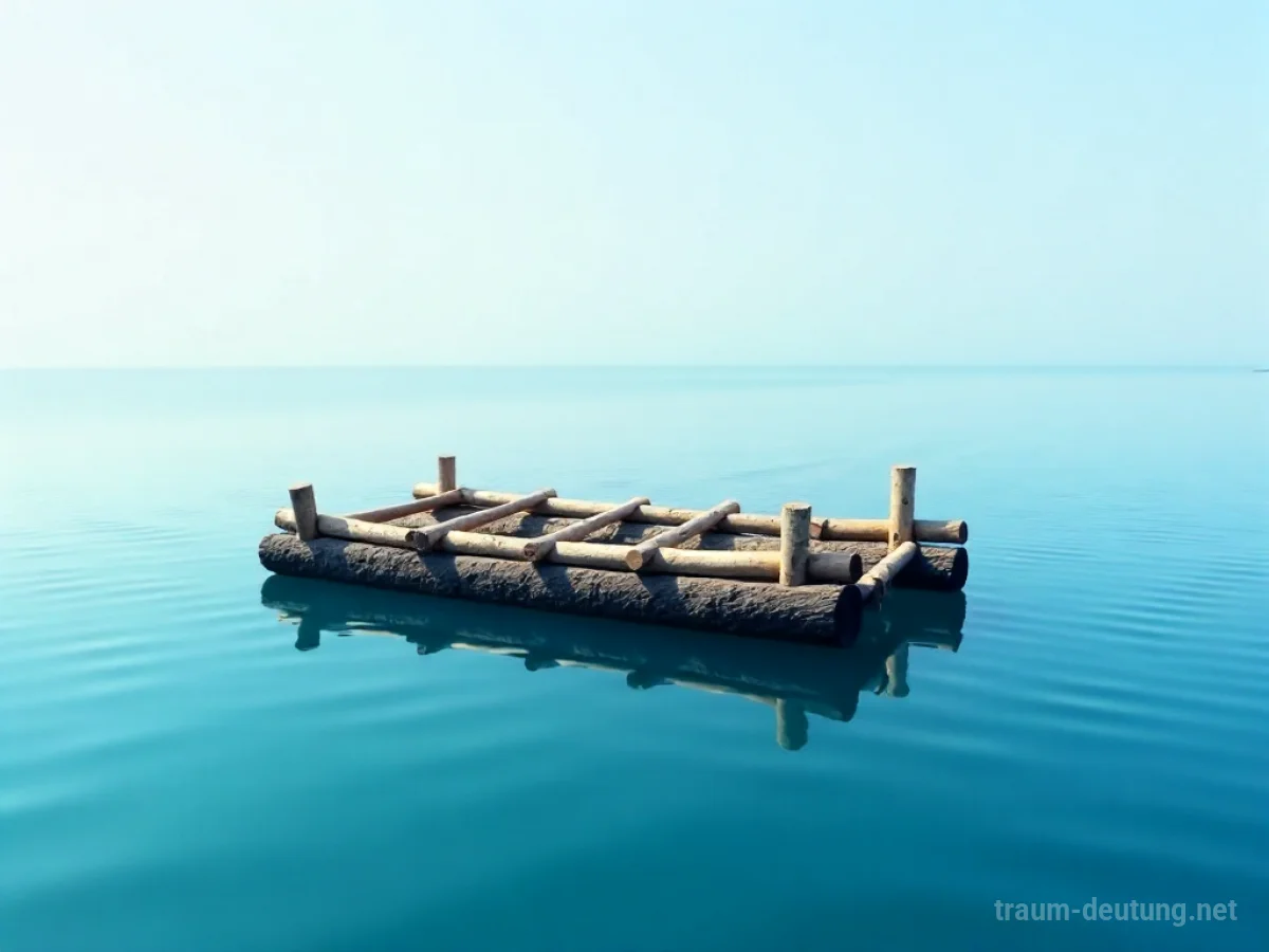 Traumsymbol Floss: Ein einfaches Holzfloss treibt ruhig auf einem tiefblauen See unter einem klaren Himmel.