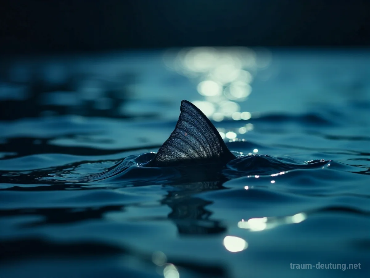 Traumsymbol Flosse: Eine schillernde Fischflosse taucht aus dunklem, welligem Wasser auf, von Mondlicht beleuchtet.