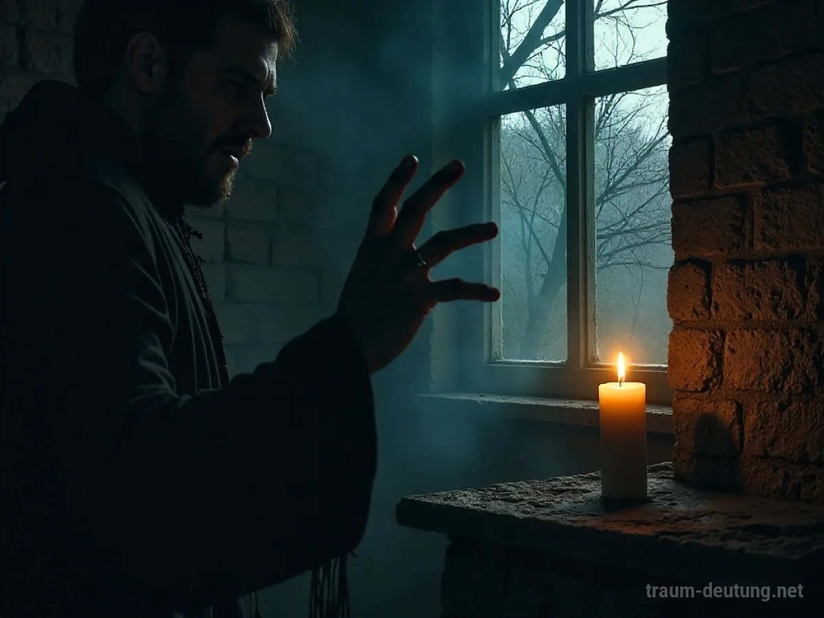 Traumsymbol Fluch: Eine schattenhafte, spektrale Hand mit dunklen Rauchsäulen streckt sich aus der Dunkelheit nach einer einzelnen Kerzenflamme aus, die lange Schatten an eine Steinwand wirft, beleuchtet von schwachem Mondlicht.