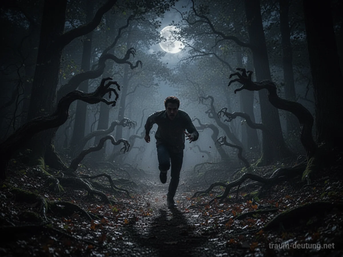 Traumsymbol Flucht: Eine einsame Gestalt flieht verzweifelt durch einen dunklen, nebligen Wald im Mondlicht, gejagt von unbestimmten Ängsten.