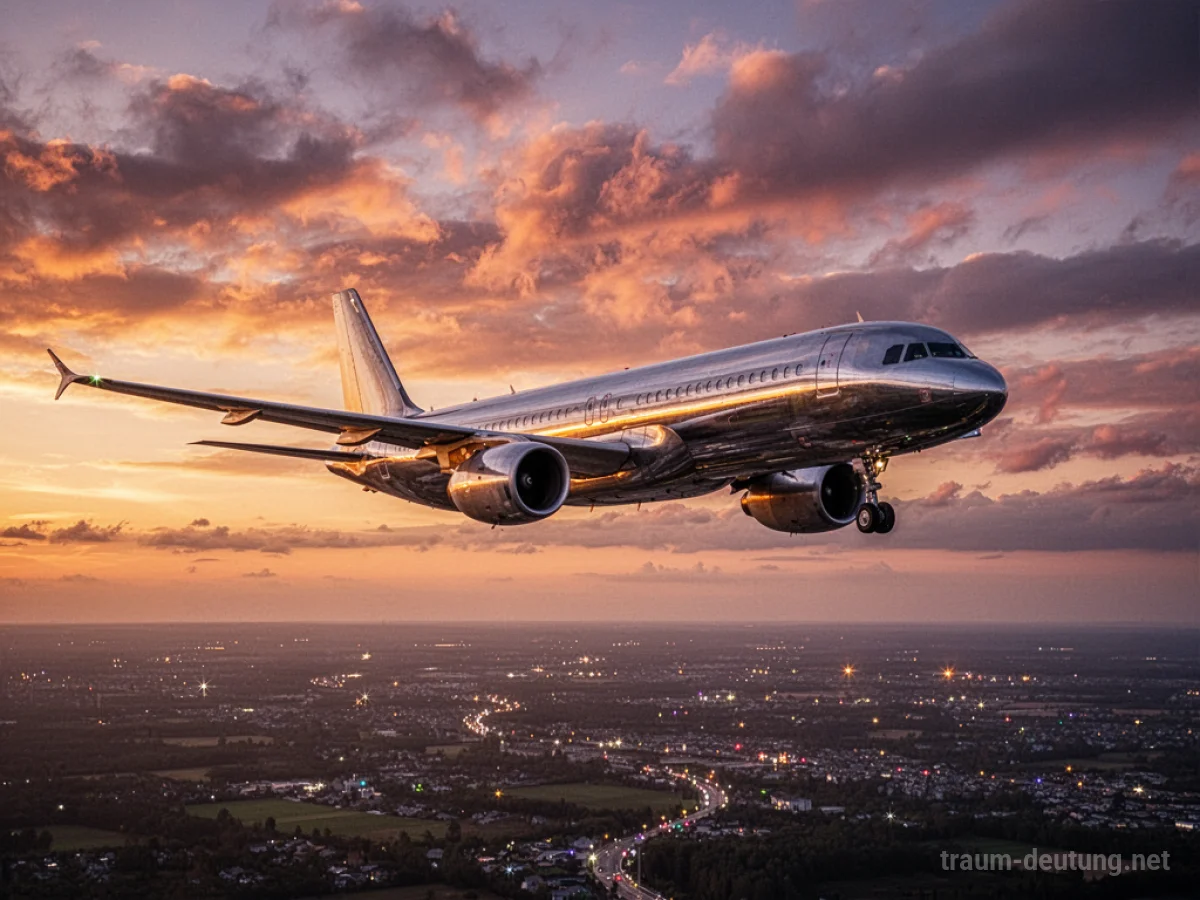 Traumsymbol Flugzeug: Ein modernes Passagierflugzeug fliegt bei Sonnenuntergang durch den Himmel mit orange-violetten Wolken.