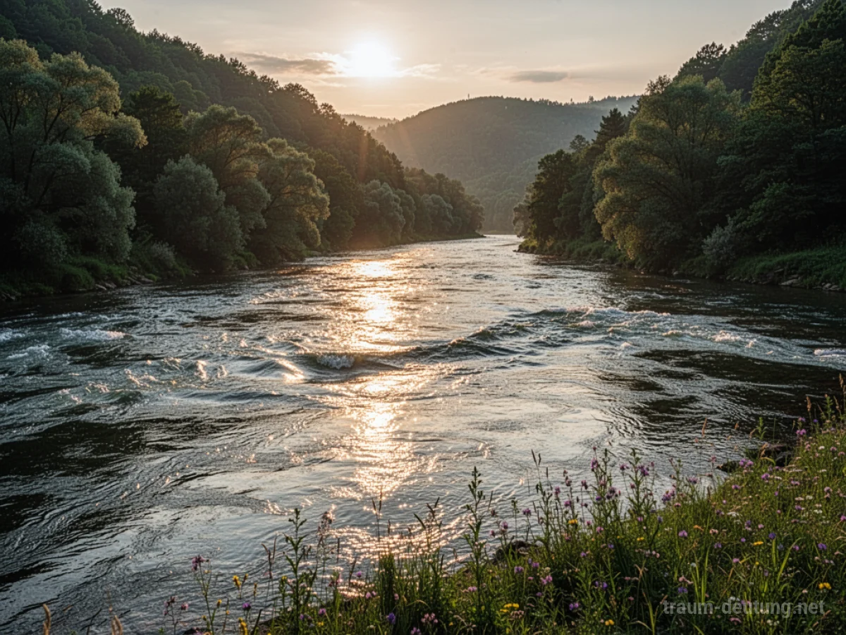 Traumsymbol Fluss: Ein breiter, mächtiger Fluss fließt durch ein grünes Tal im goldenen Licht der Abendsonne, mit Bäumen am Ufer.