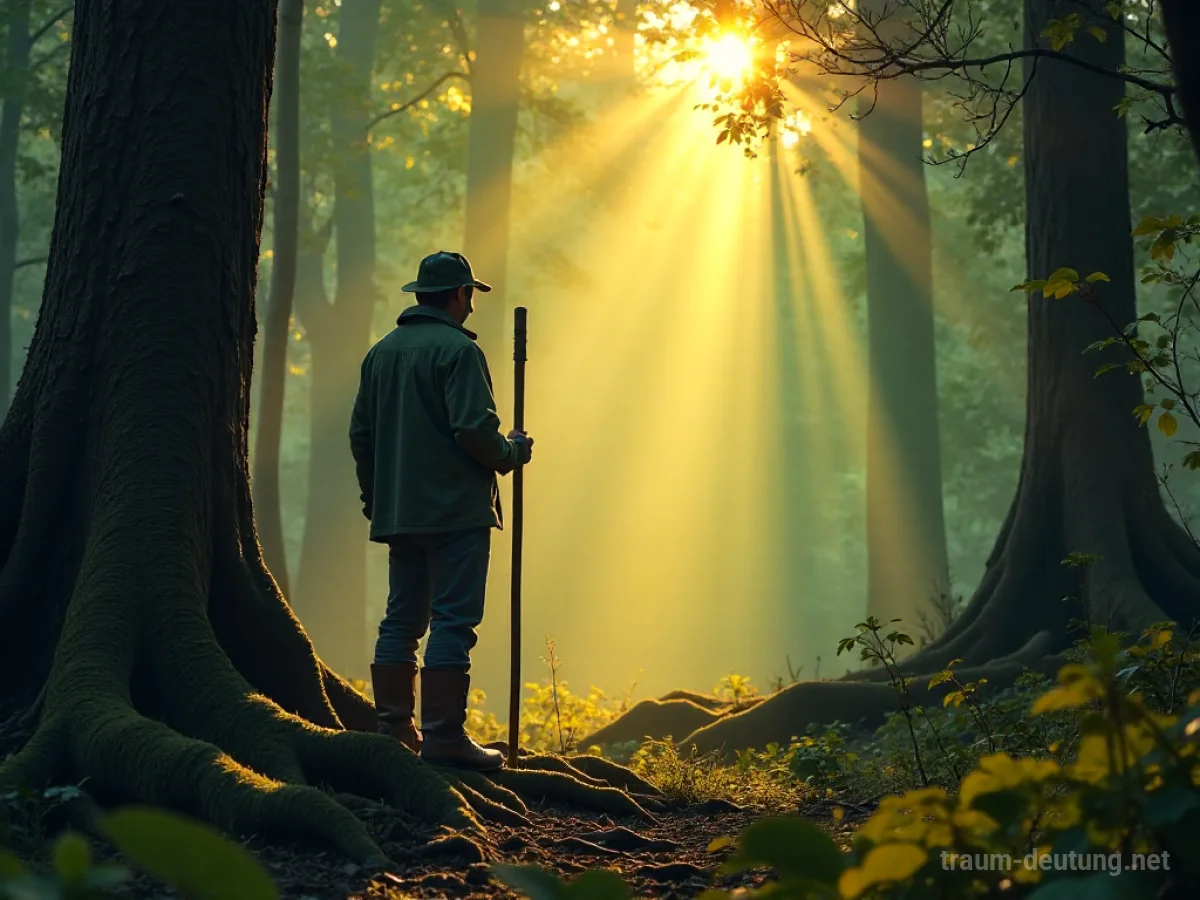 Traumsymbol Förster: Ein einsamer Förster mit Holzstab steht in einem dichten, sonnendurchfluteten Wald, umgeben von altem Moos und Nebel.