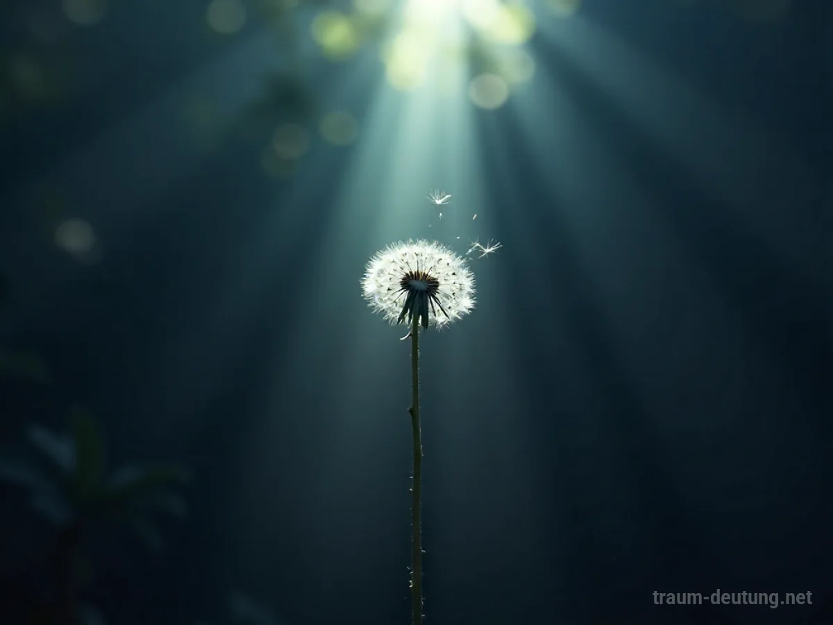 Traumsymbol Fokus: Ein heller Lichtstrahl durchdringt dichten Nebel und beleuchtet eine einzelne, schwebende Pusteblumensamen-Spore.