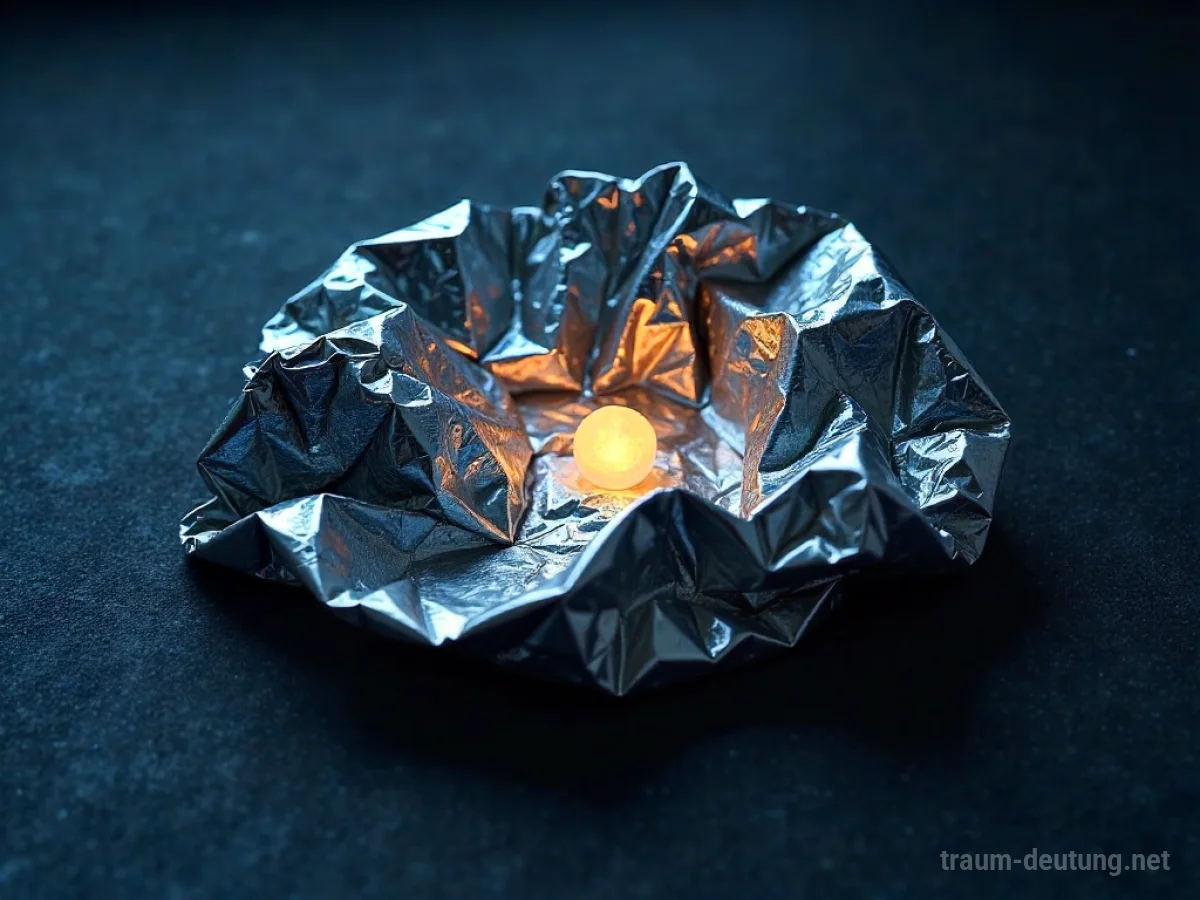 Traumsymbol Folie: Eine zerknüllte, schimmernde Aluminiumfolie liegt auf einer dunklen Oberfläche, beleuchtet von mystischem Mondlicht, das lange Schatten wirft.