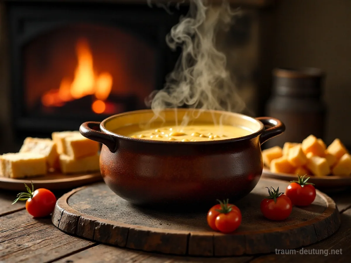 Traumsymbol Fondue: Ein dampfender Käsefondue-Topf steht auf einem rustikalen Holztisch, umgeben von Brotstücken und Gemüse, beleuchtet von warmem Kaminlicht.