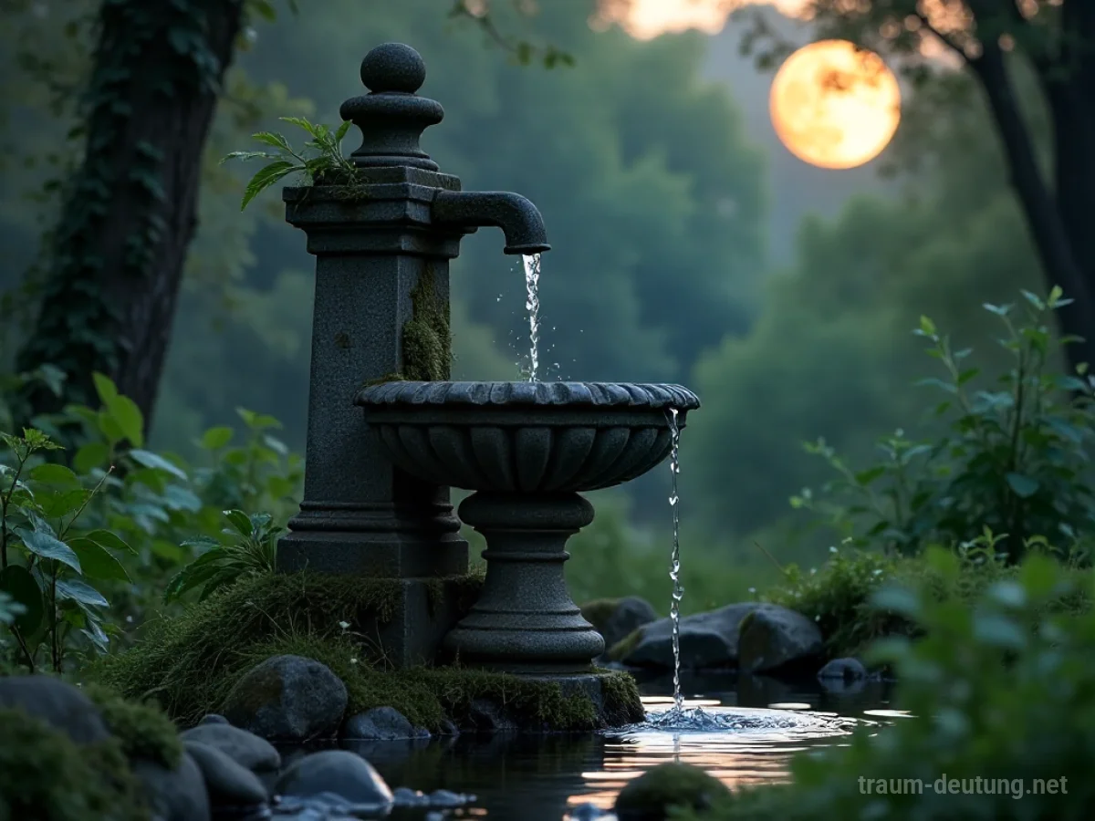 Traumdeutung Font: Ein alter Steinfontänen steht in einem verwilderten Garten im sanften Mondlicht, Wasser fließt über den Rand und Nebel steigt auf.
