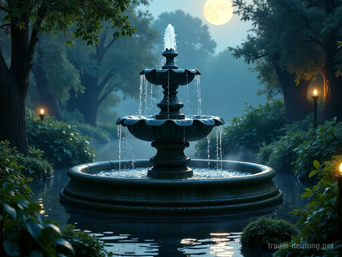 Traumsymbol Fontäne: Eine majestätische, verzierte Steinfontäne in einem mondbeschienenen Garten, deren Wasser im Mondlicht schimmert.