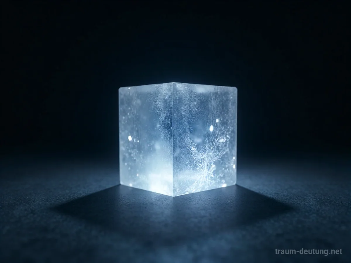 Traumdeutung Form: Eine leuchtende, kristalline geometrische Form schwebt in einer dunklen, leeren Leere, die innere Ordnung und Identität symbolisiert.