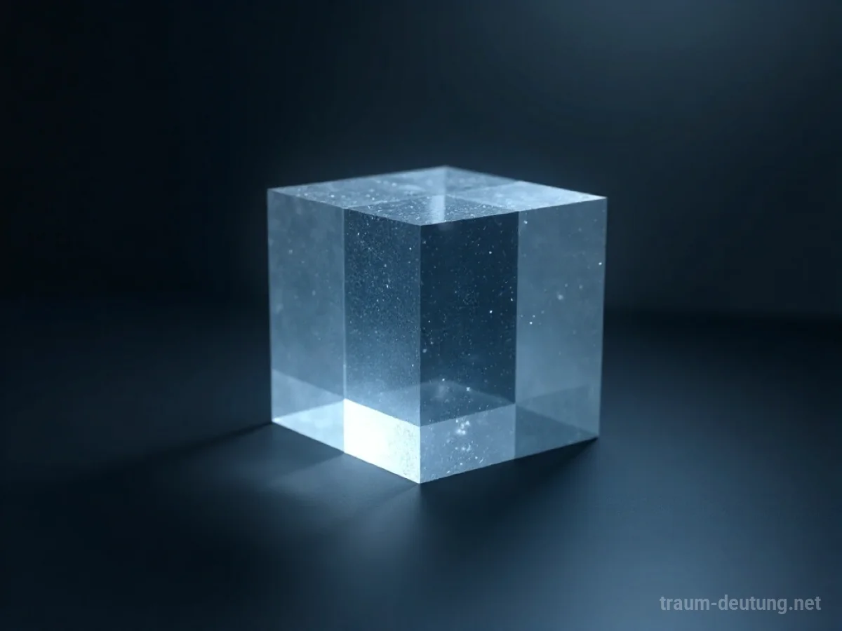 Traumdeutung Format: Ein durchscheinender geometrischer Würfel schwebt in dunkler Leere, sein inneres Licht wirft sanfte Schatten.