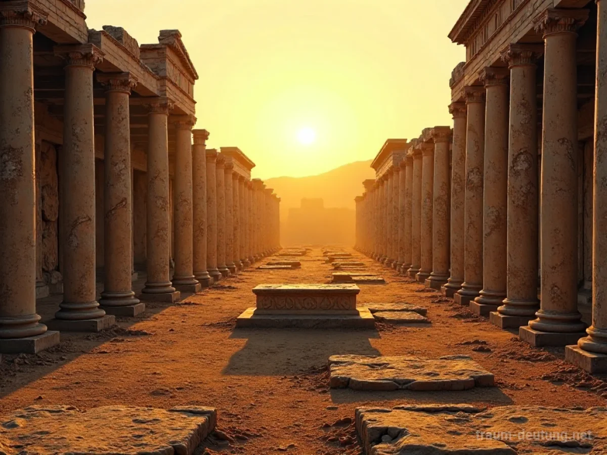 Traumsymbol Forum: Eine antike römische Forum-Ruine im warmen Licht der untergehenden Sonne, mit zerfallenen Säulen und einem steinernen Podium.