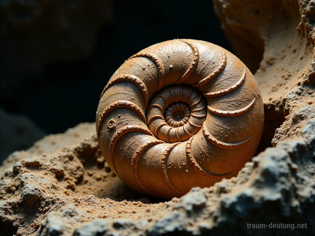 Traumsymbol Fossil: Ein perfekt erhaltenes Ammoniten-Fossil mit komplexen Spiralmustern, eingebettet in eine raue Felsformation, beleuchtet von dramatischem Licht in einer dunklen Höhle.
