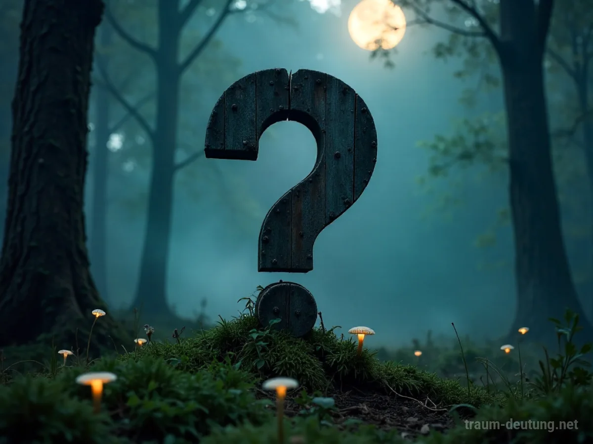 Traumsymbol Frage: Ein verwittertes, moosbewachsenes hölzernes Fragezeichen steht in einer nebligen Waldlichtung im Mondlicht.