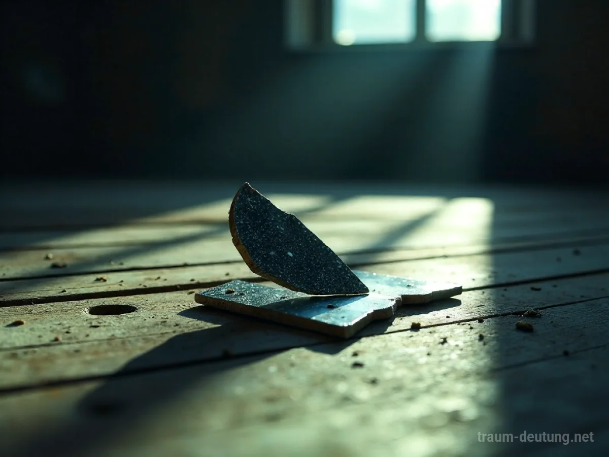 Traumsymbol Fragment: Ein scharfkantiges Bruchstück eines Spiegels liegt auf einem staubigen Holzboden im Mondlicht, das verzerrte Reflexionen zeigt.