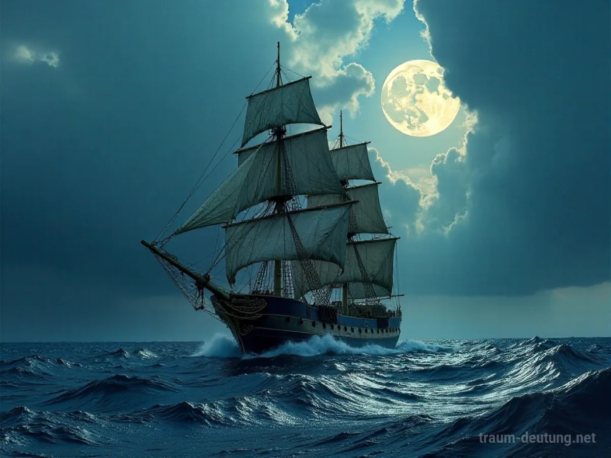Traumdeutung Fregatte: Eine majestätische, alte Fregatte segelt auf einem stürmischen, dunklen Meer unter einem dramatischen Himmel mit Mondlicht.