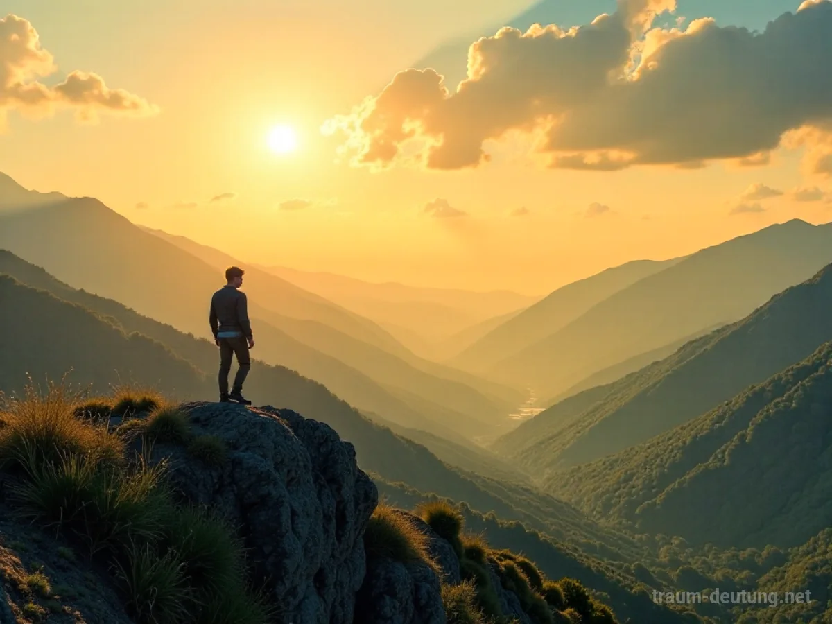 Traumsymbol Frei: Eine Person steht auf einem sonnenbeschienenen Berggipfel mit einem weiten Himmel und einem grünen Tal im Hintergrund.