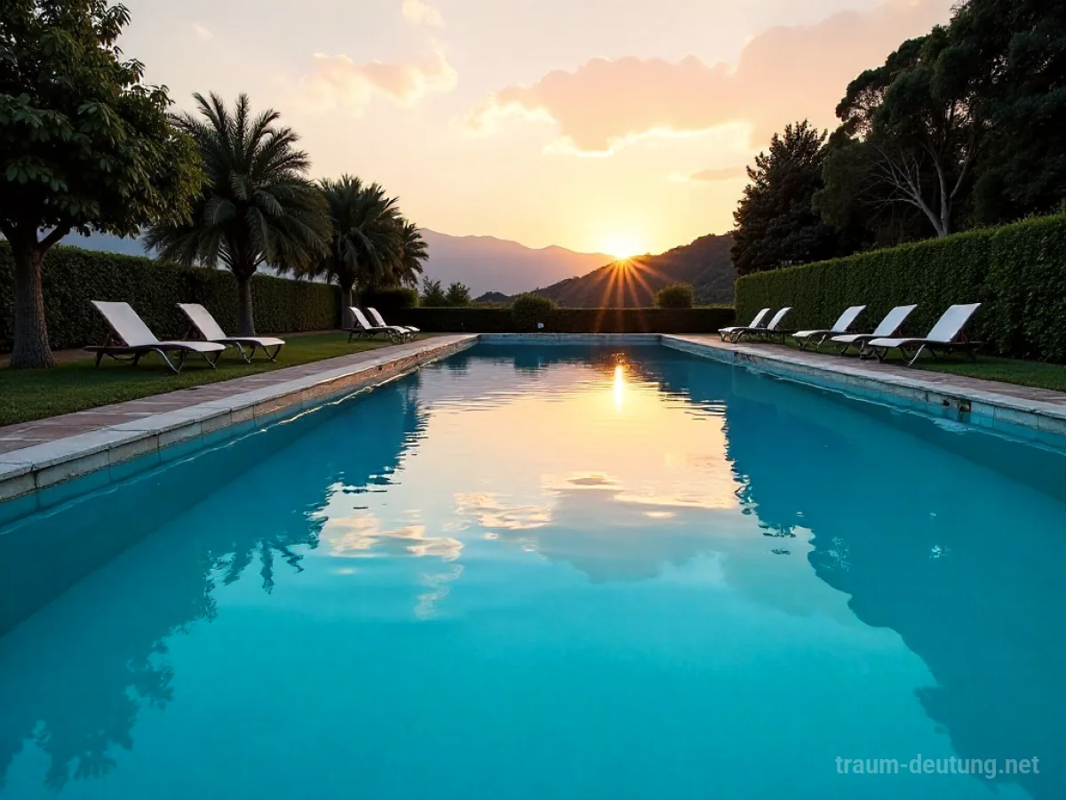 Traumdeutung Freibad: Ein glasklares, leeres Freibad spiegelt die warme Abendsonne, umgeben von sattem Grün, was die psychologische Bedeutung von Reinigung und Freiheit im Traum unterstreicht.
