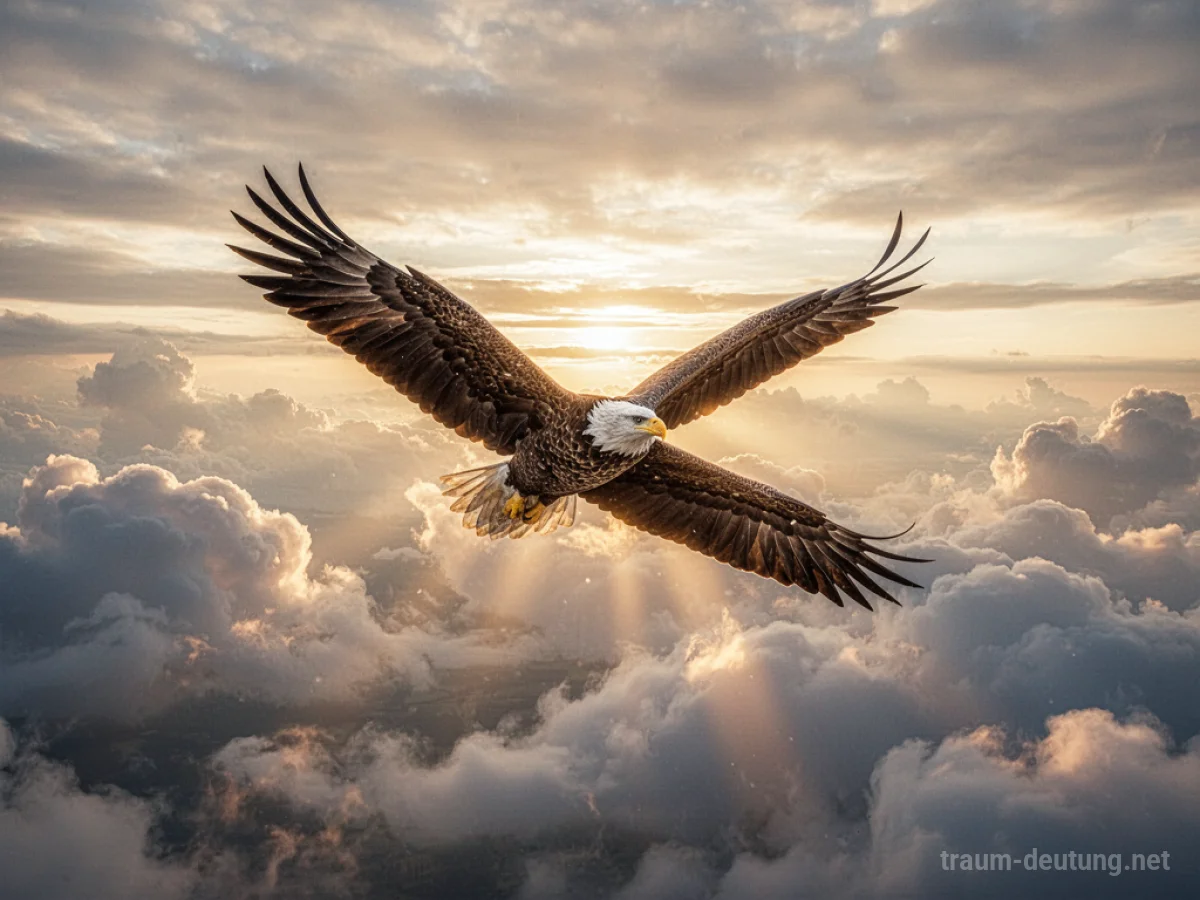 Traumsymbol Freiheit: Ein majestätischer Adler fliegt durch einen weitläufigen, wolkenverhangenen Himmel im Morgengrauen, beleuchtet von goldenem Sonnenlicht.