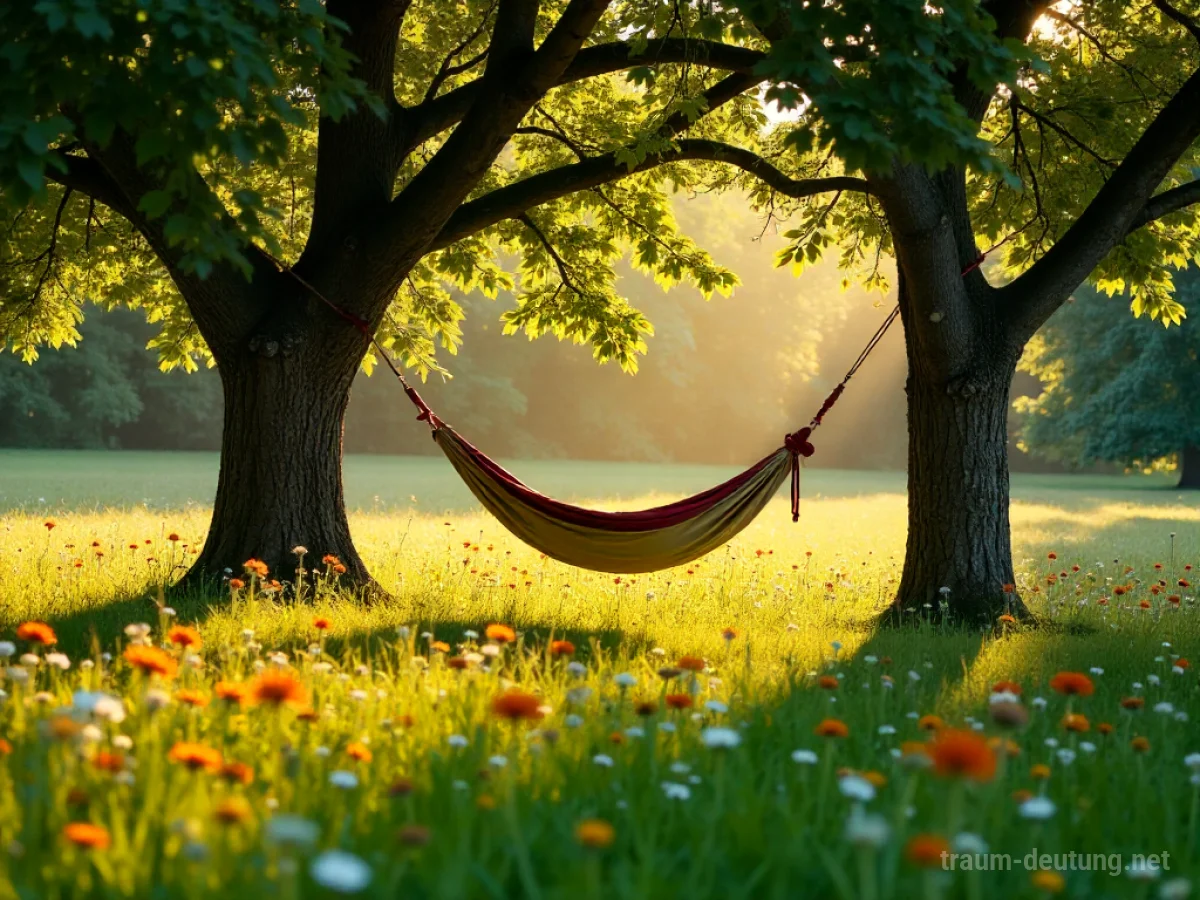 Traumsymbol Freizeit: Eine friedliche, sonnenbeschienene Wiese mit bunten Wildblumen und einer schwingenden Hängematte zwischen zwei Eichen bei goldenem Licht.