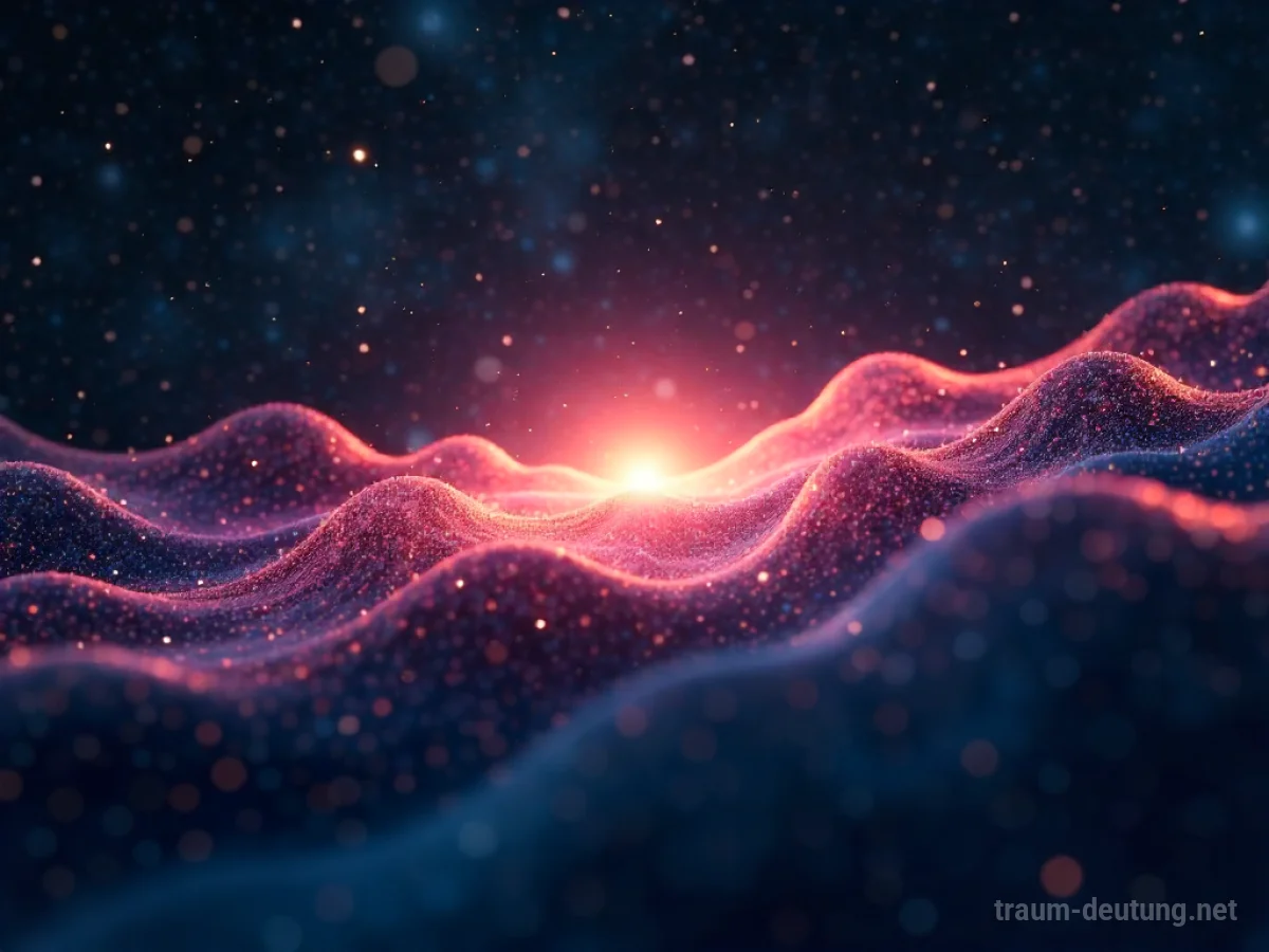Traumsymbol Frequenz: Leuchtende, ätherische Schallwellen pulsieren von einer zentralen Lichtquelle in einer kosmischen Leere, umgeben von Sternenstaub.