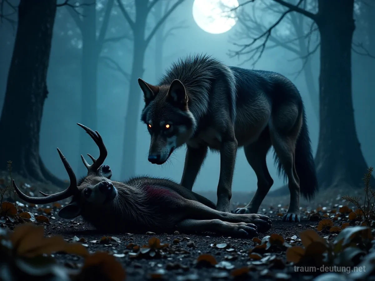 Traumsymbol Fressen: Ein großer Wolf mit leuchtend roten Augen frisst in einem dunklen, mondbeschienenen Wald, umgeben von Blättern und Ästen.