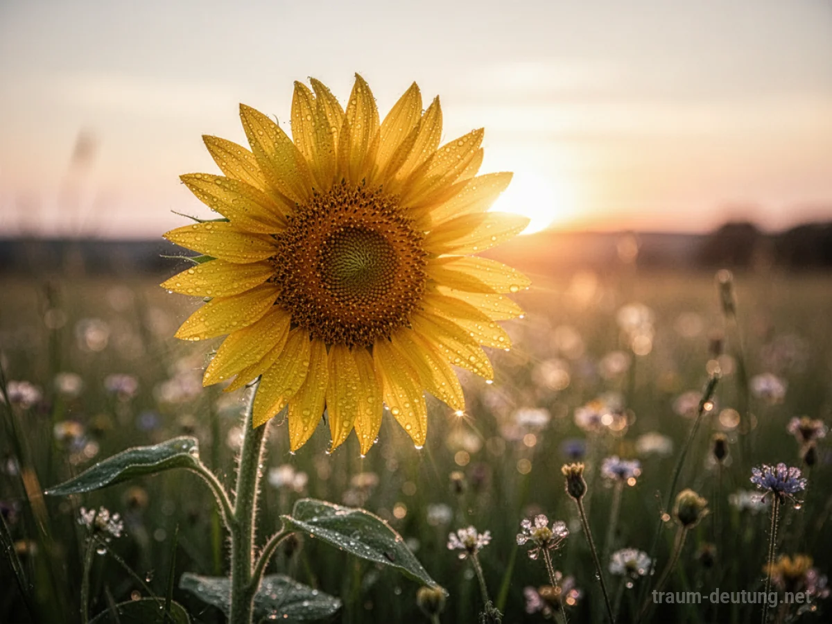 Traumsymbol Freude: Eine strahlende Sonnenblume erhebt sich im warmen Licht eines Sonnenaufgangs über einer blühenden Wiese.