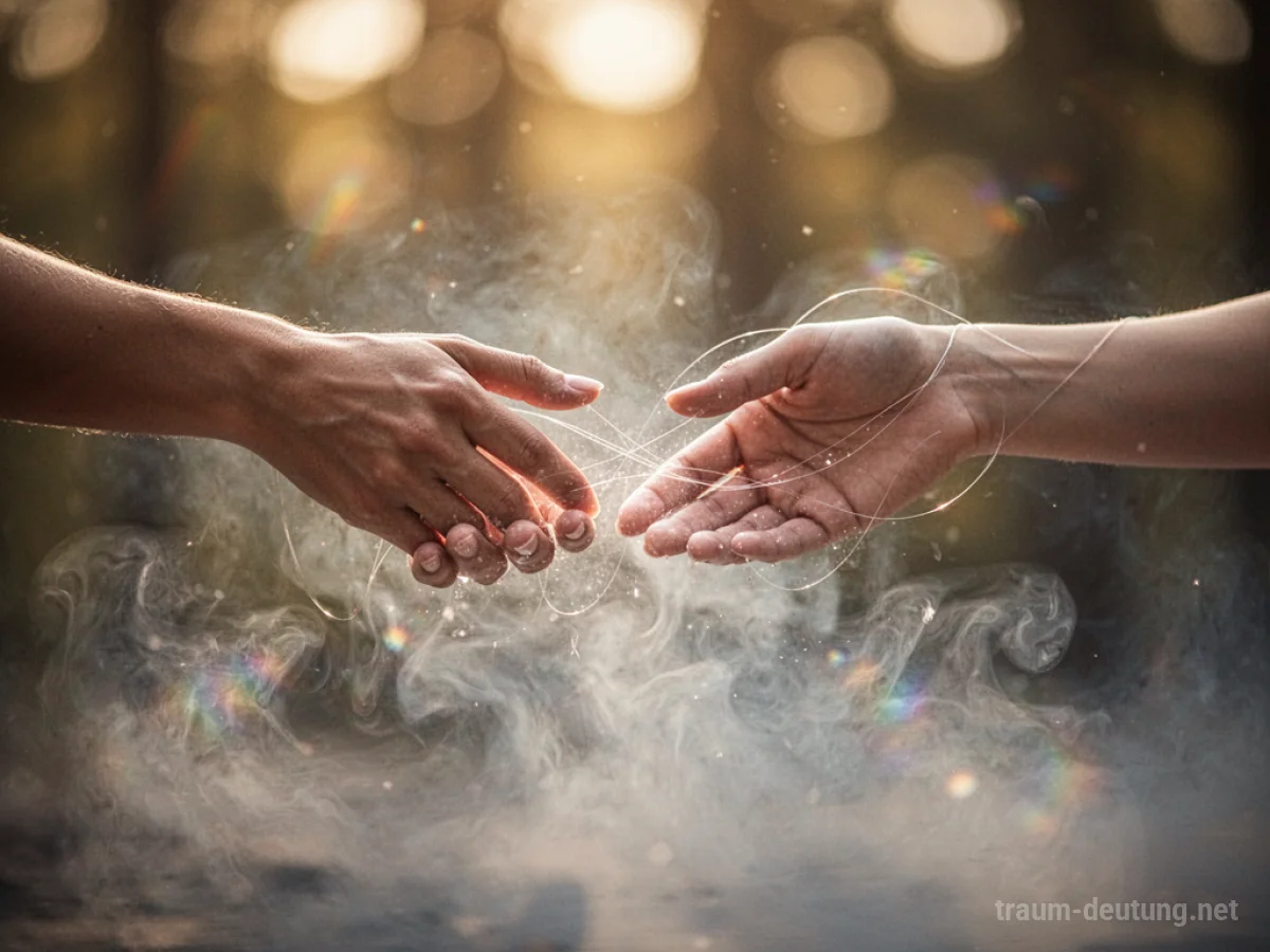 Traumdeutung Freundin: Eine Hand greift aus einem mystischen Nebel nach einer anderen, verbunden durch feine Lichtfäden, vor warmem, unscharfem Licht.