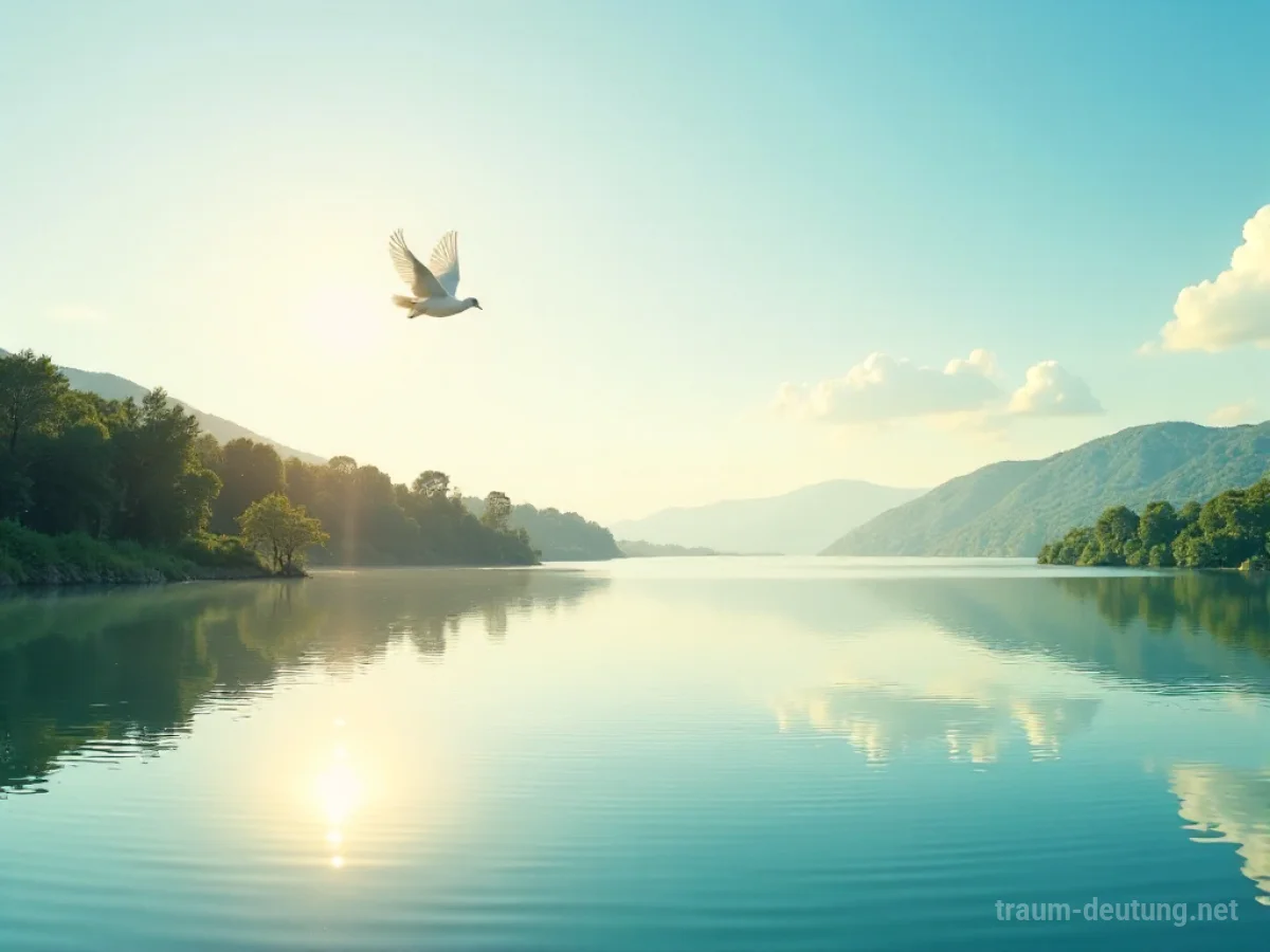 Traumsymbol Friede: Eine weiße Taube fliegt über einen stillen, spiegelglatten See im sanften Licht eines goldenen Sonnenuntergangs.