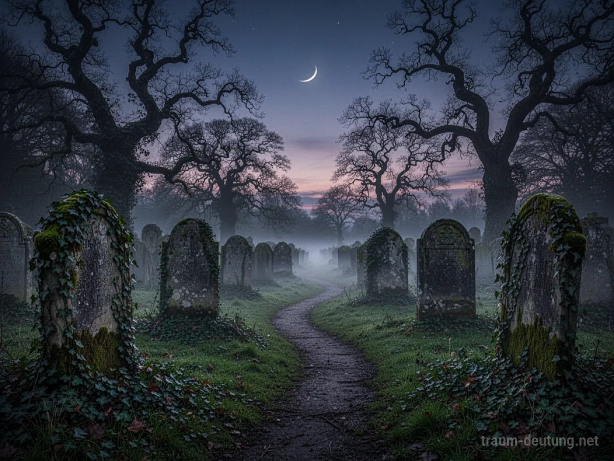 Traumsymbol Friedhof: Ein alter Friedhof mit bemoosten Grabsteinen und nebliger Atmosphäre bei Dämmerung.
