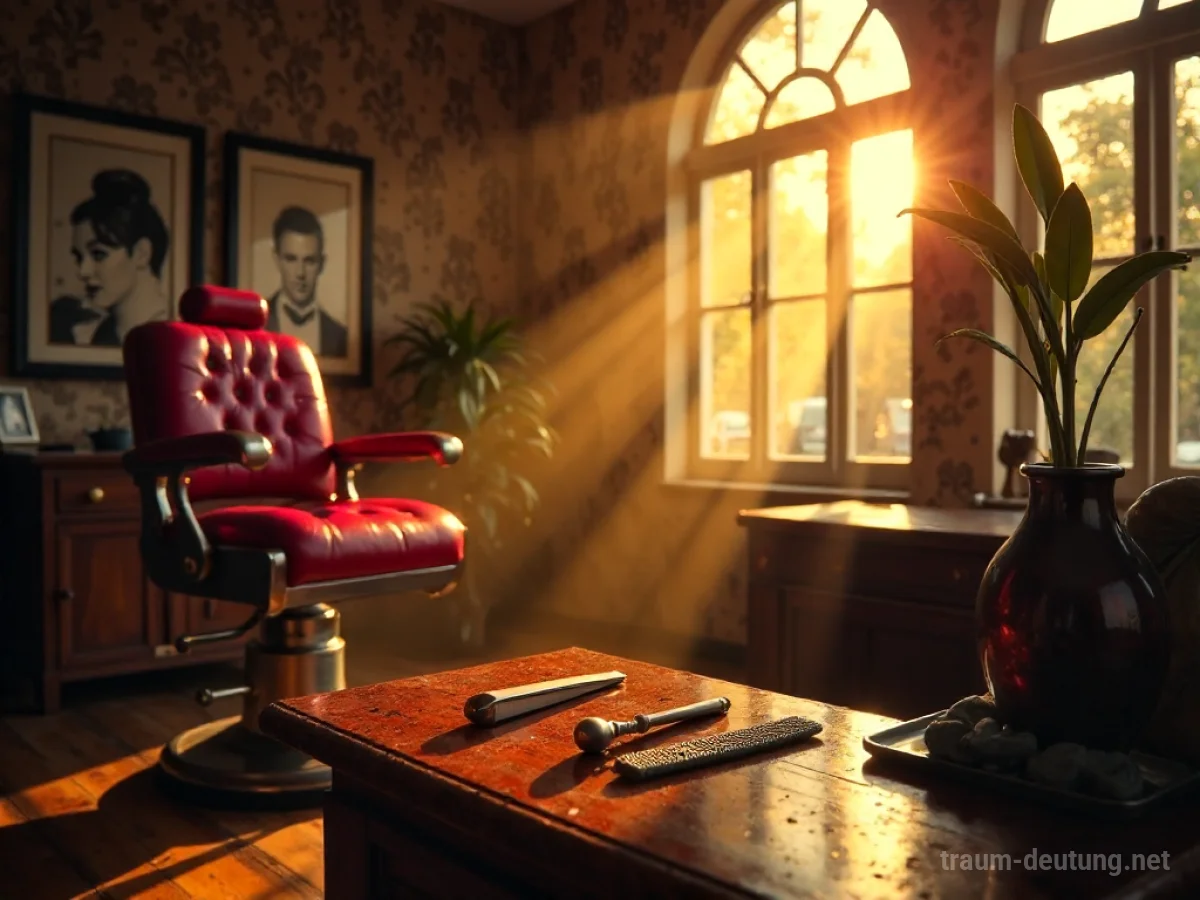 Traumdeutung Friseur: Ein klassischer Friseursalon mit rotem Samtstuhl, poliertem Holztresen und glänzenden Werkzeugen im warmen Nachmittagssonnenlicht.