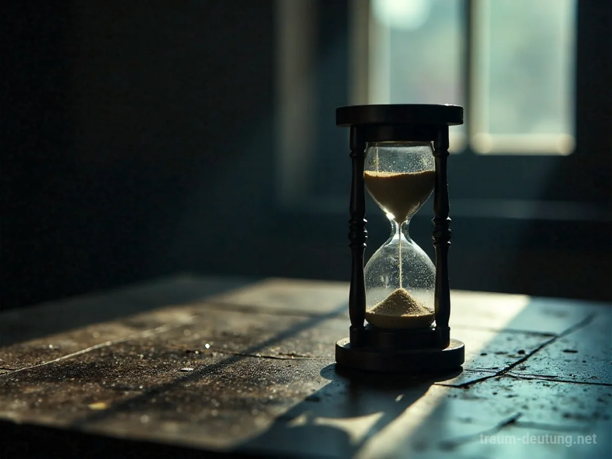 Traumsymbol Frist: Eine Sanduhr mit langsam rieselndem Sand steht in einem schattigen Raum, beleuchtet von Mondlicht.