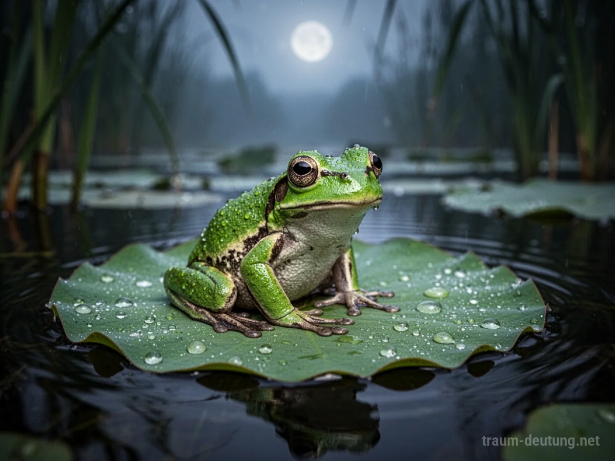 Traumsymbol Frosch: Ein grüner Laubfrosch sitzt auf einem Seerosenblatt im Mondlicht, was auf Transformation und emotionale Tiefe hindeutet.
