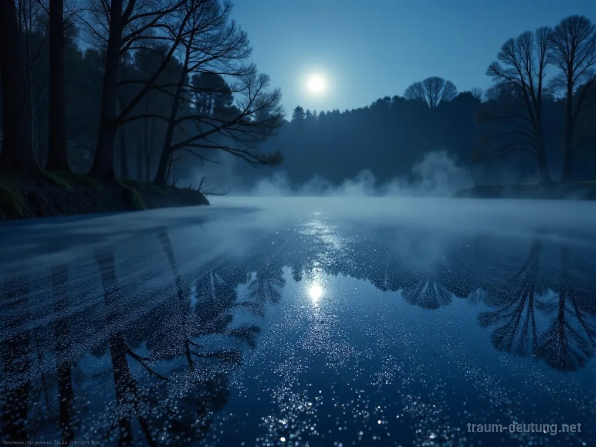 Traumdeutung Frost: Ein Teich ist bedeckt mit detaillierten Frostkristallen im Mondlicht, umgeben von kahlen Bäumen.