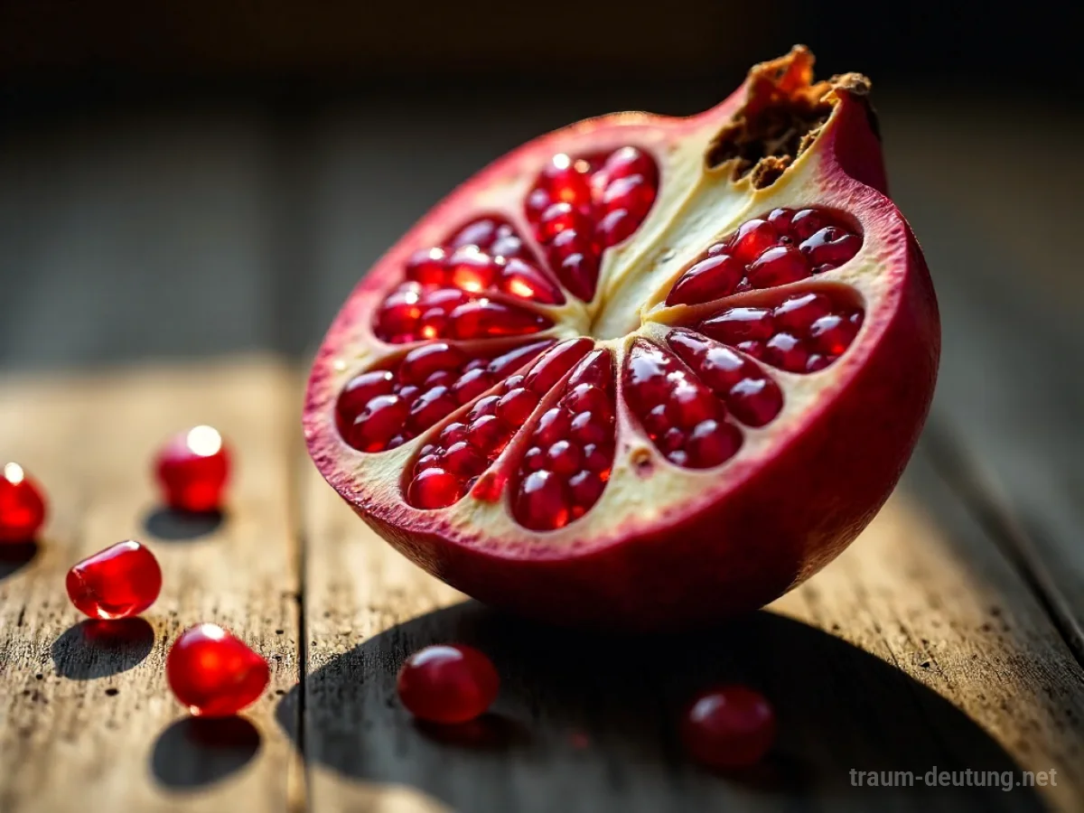 Traumsymbol Frucht: Eine aufgeschnittene Granatapfelfrucht mit saftigen Kernen liegt auf dunklem Holz, beleuchtet von warmem Sonnenlicht.